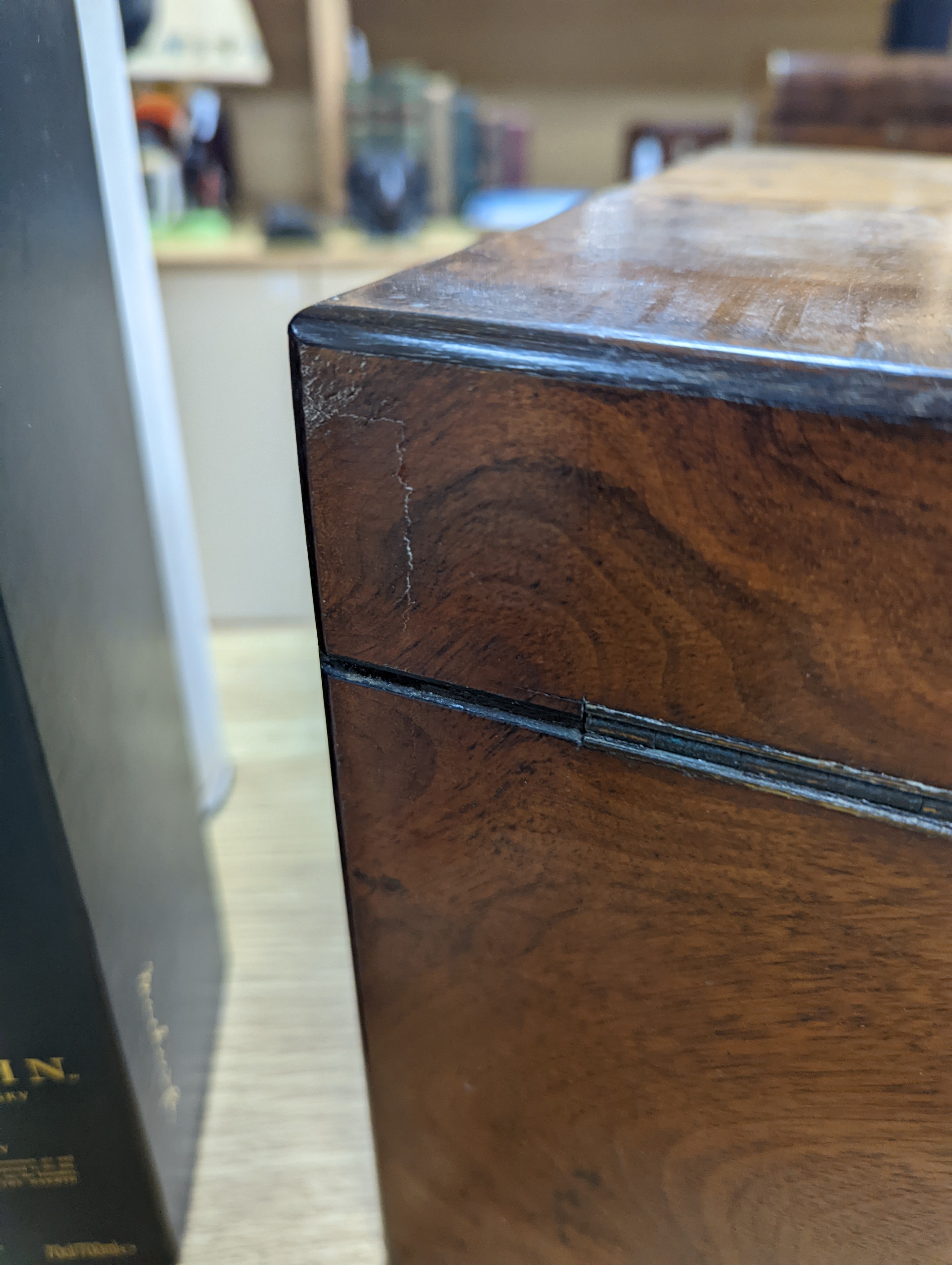 A Victorian walnut sewing casket, 34cm, containing sewing related accessories